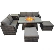 Garden Outdoor Rattan Furniture Set Rattan Love Sofa 3 Seater Sofa with 2 Big Footstools Side Table Dark Grey Mixed - Fimous