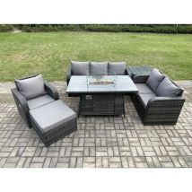 Fimous Garden Patio Furniture Wicker Rattan Gas Fire Pit Table and Sofa Chair set with Side Table Big Footstool