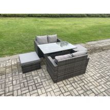 Fimous Garden Patio Furniture Wicker Rattan Oblong Rectangular Dining Table and Loveseat Sofa set with 2 Big Footstool Dark Grey Mixed