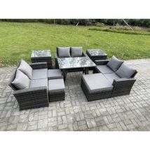 Fimous Garten Sofa im Freien Set Polyrattan Gartenmöbel Set mit Rechteckiger Esstisch 2 Seat Sofa 3 Hockern 2 Beistelltischen Dunkelgrau Gemischt