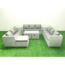 Fimous - Gartenmöbel im Freien Polyrattan 12-Sitzer Garten Sofa Rechteckiger Couchtisch Set mit 3 Hockern 2 Beistelltischen Hellgrau gemischt