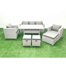 Gartenmöbel-Set aus Rattan mit Sofa Esstisch 2 Sesseln 3 Fußhockern Hellgrau gemischt - Fimous