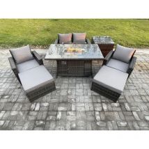 Fimous Gartenmöbel-Set im Freien 6-Sitzer Poly Rattan Sitzgruppe mit Gas Feuerstelle Tisch 2 Großer Fußhocker Beistelltische Dunkelgrau Gemischt