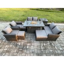 Gartenmöbel-Set im Freien 9 Stücke Polyrattan Möbel Gas Feuerstelle Esstisch Sofa Set mit 3 Hocker Beistelltische Dunkelgrau Gemischt - Fimous