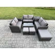 Gartenmöbel-Sets 9-Sitzer Polyrattan Möbel Sofa Sets mit Rechteckiger Couchtisch Love Sofa 3 Hockern Beistelltisch Dunkelgrau Gemischt - Fimous