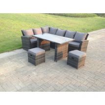 Hoher Rücken Grau gemischt Rattan Ecksofa Esstisch Set Tisch mit Hockern 8 Sitzer Linke Ecke - Fimous