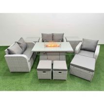 High Back Poly Rattan Garden Furniture Set with Reclining Chair Loveseat Sofa Firepit Dining Table Indoor Outdoor Patio Set 3 Stools 2 Side Table