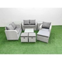 High Back Poly Rattan Garden Furniture Set with Reclining Chair Loveseat Sofa Square Coffee Table Indoor Outdoor Patio Set 3 Stools 2 Side Table