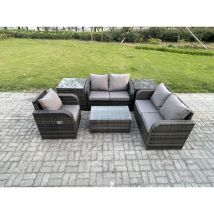 Salon de jardin en rotin avec Love Sofa Table basse rectangulaire 2 Tables d'appoint Mélange gris foncé - Fimous
