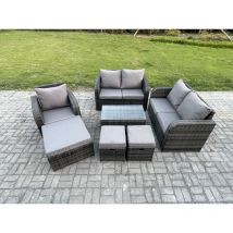 Salon de jardin en rotin avec Love Sofa Table basse rectangulaire 3 Tabourets Mélange gris foncé - Fimous