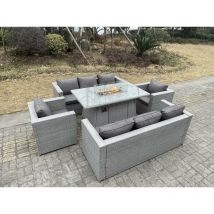 Fimous - Light Grey Rattan Garden Furniture Set Gas Fire Pit Dining Set Heater Burner Lounge Sofa Chairs Outdoor