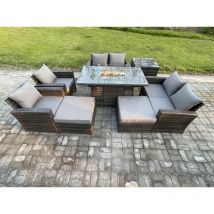Fimous - Meubles de Jardin en rotin 8 pièces Meubles en polyrotin Foyer à gaz Table à manger Canapé Set ave 2 Grand Tabouret Table d'appoint Gris