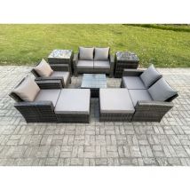 Meubles de Jardin en rotin 9 pièces ave 2 Grand Tabouret 2 Table d'appoint Gris foncé - Fimous