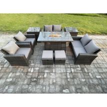 Fimous - Meubles de Jardin en rotin 9 pièces Meubles en polyrotin Foyer à gaz Table à manger Canapé Set ave 2 Petit Tabouret 2 Table d'appoint Gris
