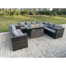 Mobilier De Jardin En Rotin Extérieur Foyer à Gaz Table à Manger Chauffage à Gaz Set Table D'appoint Gris Foncé Mixte 9 Places - Fimous