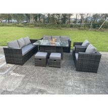 Mobilier De Jardin En Rotin Extérieur Foyer Au Gaz Table à Manger Set Chauffage Au Gaz Chaise Longue Petit Tabouret Gris Mixte Foncé 10 Places