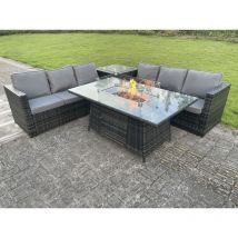 Fimous Mobilier De Jardin En Rotin Extérieur Foyer Au Gaz Table À Manger Set Chauffage Au Gaz Table D'appoint Gris Foncé Mixte 6 Places
