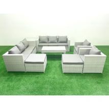 Outdoor Garden Furniture Rattan Sofa Set with 2 Armchairs Oblong Coffee Table 2 Big Footstools Side Table Light Grey Mixed - Fimous