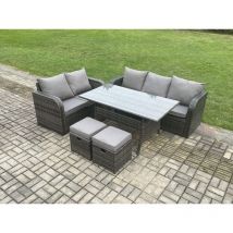 Outdoor Garden Patio Furniture Wicker Rattan Oblong Rectangular Dining Table and Lounge Sofa set with 2 Small Footstools Dark Grey Mixed - Fimous