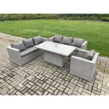 Outdoor pe Rattan Garden Funiture Set Height Adjustable Rising Lifting Table Sofa Dining Set with Armchair - Fimous