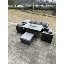 Outdoor Pe Rotin Garden Furniture Foyer à Gaz Table à Manger Fauteuils Hauts Côtés Table Basse Grand Tabouret Pieds Gris Foncé Mixte - Fimous