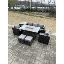 Outdoor Pe Rotin Garden Furniture Gas Firepit Table à Manger Fauteuil Table Basse Haute 2 Tabourets Gris Foncé Mélangés - Fimous