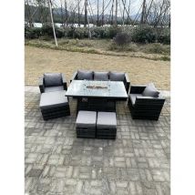 Outdoor Pe Rotin Garden Furniture Gas Firepit Table Fauteuil Avec 3 Tabourets Gris Foncé Mixte - Fimous