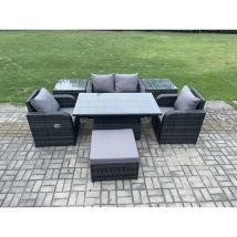 Fimous Outdoor Rattan Furniture Garden Dining Set Height Adjustable Rising lifting Table Love Sofa Chair With 2 Side Tables Big Footstool