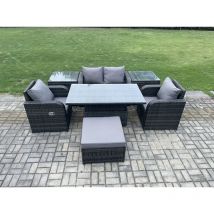 Outdoor Rattan Furniture Garden Dining Set Height Adjustable Rising lifting Table Love Sofa Chair With 2 Side Tables Big Footstool - Fimous