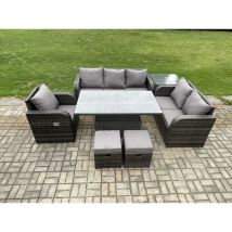 Fimous Outdoor Rattan Furniture Garden Dining Set Patio Height Adjustable Rising lifting Table Reclining Chair Sofa With Side Table 2 Small