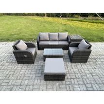 Fimous Outdoor Rattan Garden Furniture Set 6 Seater Patio Lounge Sofa Set with Reclining Chair Rectangular Coffee Table Big Footstool Side Table Dark