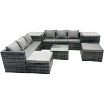 Outdoor Rattan Garden Furniture Set 8 Seater Patio Lounge Sofa Set with Square Coffee Table 2 Side Tables 2 Big Footstools Dark Grey Mixed - Fimous