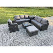 Outdoor Rattan Garden Furniture Set Conservatory Patio Sofa Coffee Table With Reclining Chair Big Footstool Side Table Dark Grey Mixed - Fimous