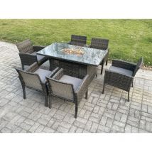 Fimous - Outdoor Rattan Garden Furniture Set Gas Fire Pit Rectangular Table Sets Gas Heater with 6 Seater Dining Cahirs Dark Grey Mixed