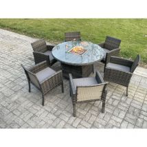 Fimous - Outdoor Rattan Garden Furniture Set Gas Fire Pit Round Table Sets Gas Heater with 6 Seater Dining Cahirs Dark Grey Mixed