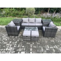 Salon de jardin en rotin avec Canapé 3 places table basse 2 Tables d'appoint 2 Fauteuils 2 Petit pouf Mélange gris foncé - Fimous