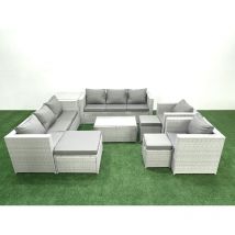 Outdoor Rattan Sofa Garden Furniture Set with 2 Armchairs Oblong Coffee Table 3 Footstools Side Table Light Grey Mixed - Fimous