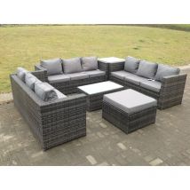 Outdoor Rotin Garden Furniture Lounge Sofa Set Avec Table Basse Allongée Et Table Haute Latérale Avec Grand Tabouret de pied - Fimous