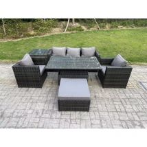 Outdoor Rotin Garden Furniture Sofa Set Set Table à Manger Réglable Avec Table D'appoint 2 Fauteuils Grand Tabouret Gris Foncé Mix - Fimous