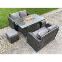 Outdoor Rotin Mobilier De Jardin Canapé Table à Manger Cheminée Au Gaz Canapé Double Place Repose-Pieds 6 Places - Fimous