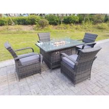 Outdoor rotin mobilier de jardin gaz Firepit Rectangle Table à manger et chaises à manger 4 places - Fimous