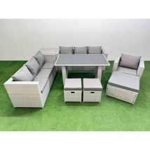 Patio Garden Furniture Sets with Black Glass Top Dining Table 3 Seater Sofa Armchair Side Table 3 Stool Light Grey - Fimous
