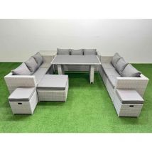 Patio Outdoor Garden Furniture Sets with Black Glass Top Dining Table 3 Seater Sofa Side Table 3 Stool Light Grey - Fimous