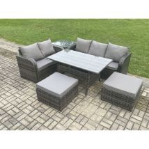 Fimous Patio Rattan Garden Furniture Set with Oblong Rectangular Dining Table 2 Big Footstool Side Table 7 Seater Outdoor Lounge Sofa Set Dark Grey