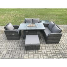 Salon de jardin en rotin avec Table de foyer à gaz,grand tabouret et Tables d'appoint 6 piece Love Sofa set - Fimous