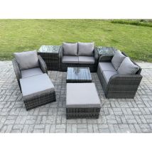 Salon de jardin en rotin Love Sofa Chaise Set Table basse carrée 2 Tables d'appoint 2 grand tabouret - Fimous