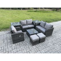 Salon de jardin en rotin Love Sofa Chaise Set Table basse carrée 2 Tables d'appoint 2 Petits poufs - Fimous