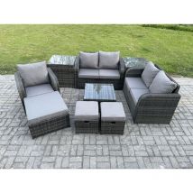 Salon de jardin en rotin Love Sofa Chaise Set Table basse carrée 2 Tables d'appoint 3 Tabourets - Fimous