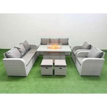 Pe Rattan High Back Lounge Sofa Set Patio Firepit Dining Table & Chairs Set with 3 Seater Sofa Reclining Chair Stools Light Grey - Fimous
