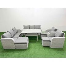 Fimous PE Rattan High Back Lounge Sofa Set Patio Rectangular Dining Table & Chairs Set with 3 Seater Sofa Reclining Chair 3 Stools Light Grey
